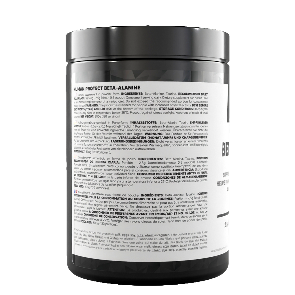 Beta-Alanine supplement tub back label with serving and use directions