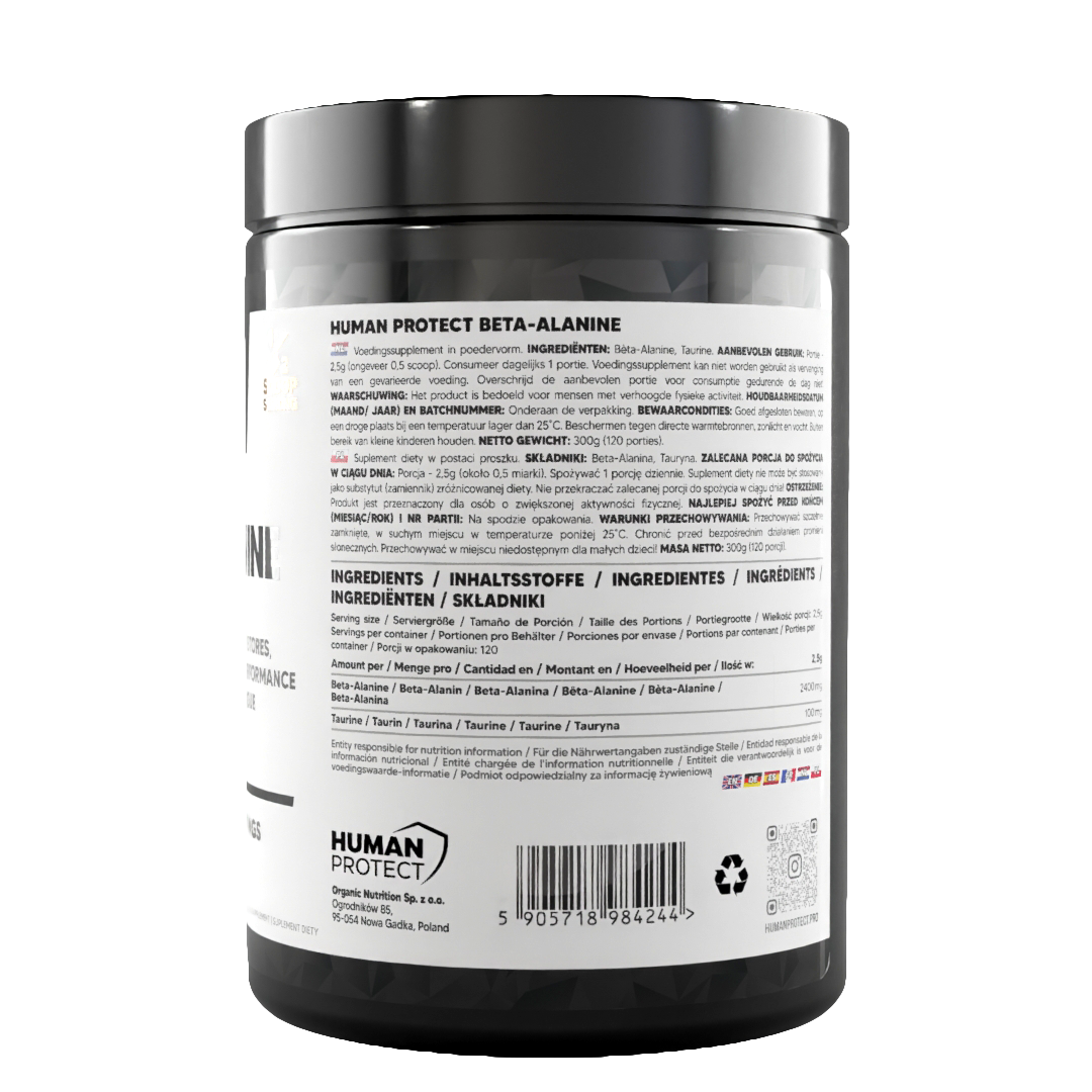 Beta-Alanine supplement tub back label with barcode and ingredients list