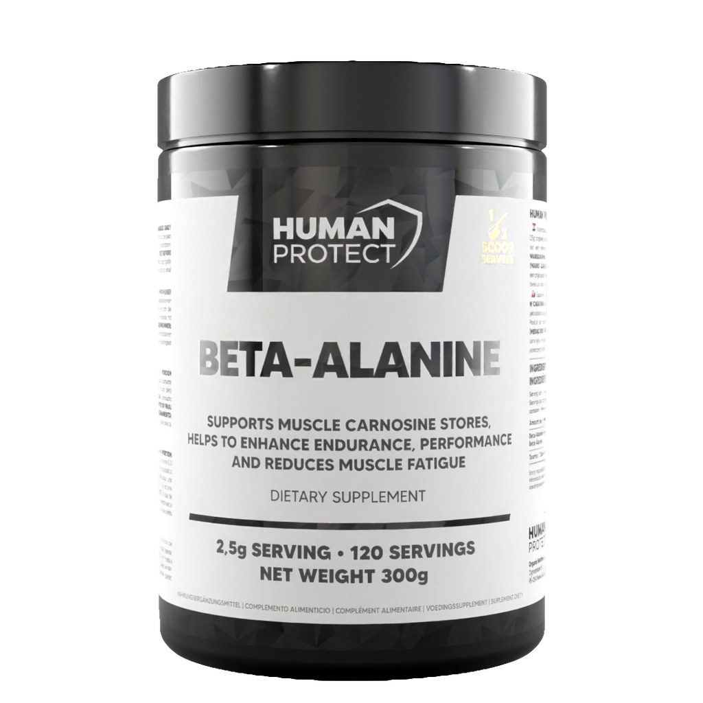 Supplement tub labeled BETA-ALANINE with net weight 300 g