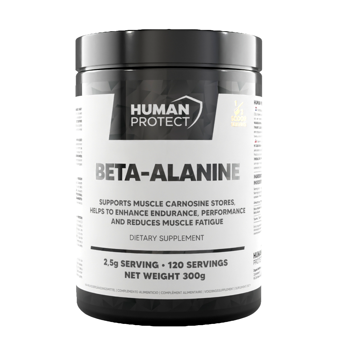 Dietary supplement jar with label text "BETA-ALANINE"