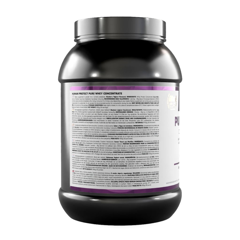 Proteinpulver-Dose mit Inhaltsangaben und Verzehrempfehlung, Blaubeere-Joghurt
