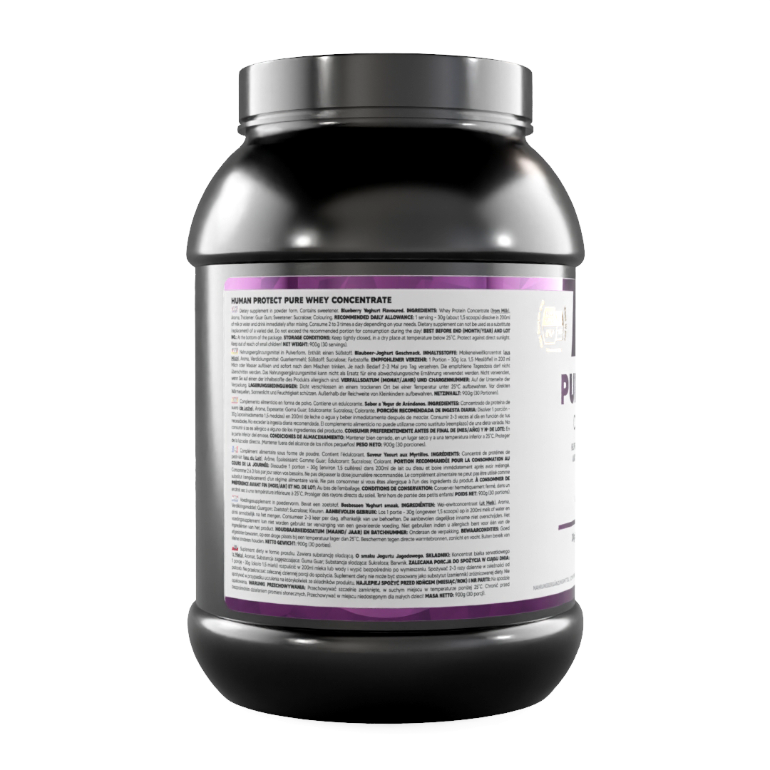 Proteinpulver-Dose mit Inhaltsangaben und Verzehrempfehlung, Blaubeere-Joghurt
