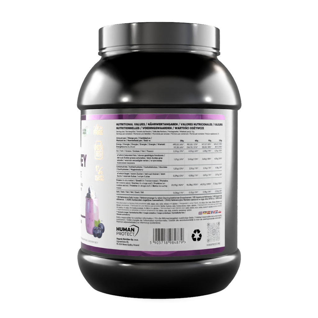 Proteinpulver-Dose mit Nährwerttabelle und Angaben, Blaubeere-Joghurt