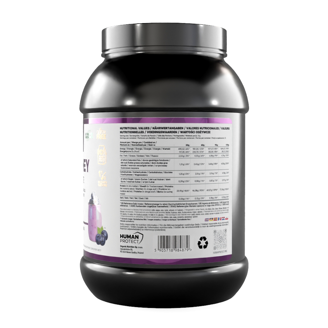 Proteinpulver-Dose mit Nährwerttabelle und Angaben, Blaubeere-Joghurt