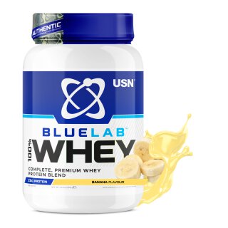 USN BlueLab Whey Banana 908 g tub, blue and white label with banana graphic
