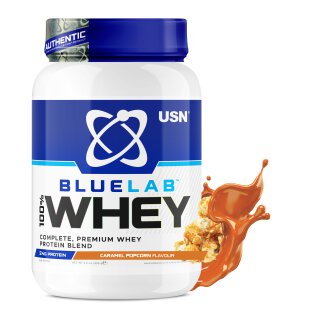 USN BlueLab Whey protein blend tub with salted caramel splash, 908 g