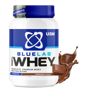 USN BlueLab Whey Chocolate protein powder tub with blue lid and cocoa splash