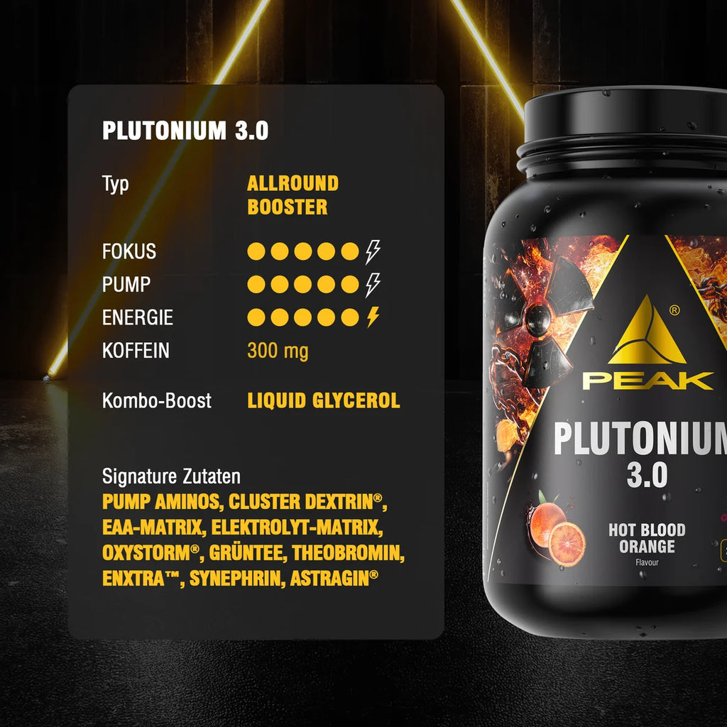 Pre-Workout-Dose „Plutonium 3.0“ mit Zutatenliste und Geschmacksangabe „Hot Blood Orange“