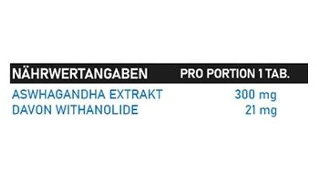 Nährwertangaben: Ashwagandha-Extrakt 300 mg, davon Withanolide 21 mg pro Tab.