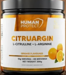 Nahrungsergänzung Citruargin 300 g im Glas, orange Geschmack, Etikett HUMAN PROTECT