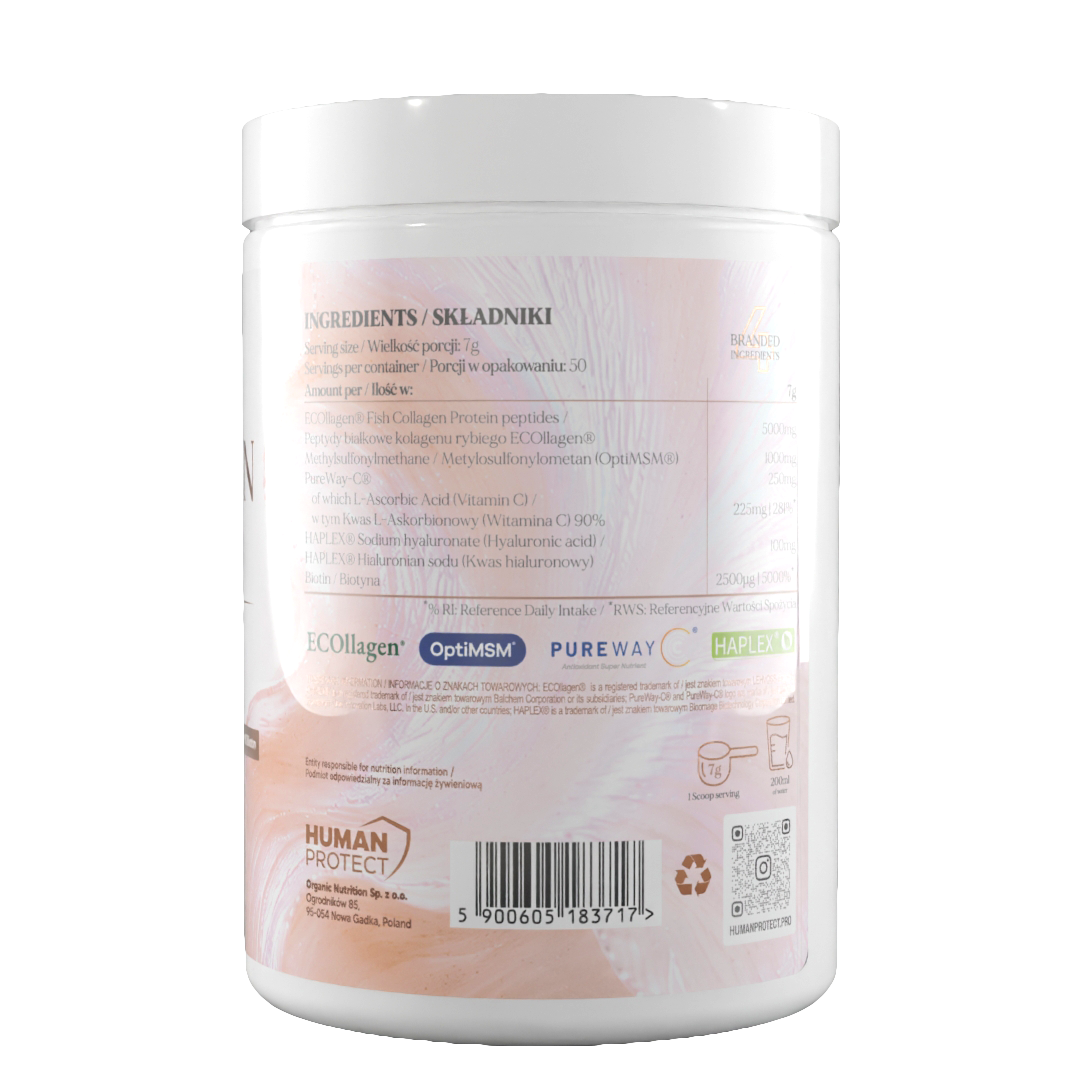 Collagen-Marine Dose mit Zutatenliste, OptiMSM/OptiMSM PureWay und Barcode