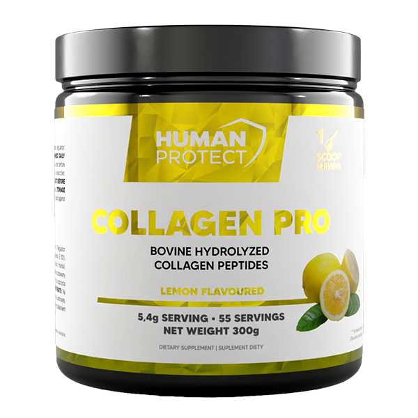 Human Protect Collagen Pro Lemon 300g jar label: bovine hydrolyzed collagen peptides, lemon flavour, 55 servings