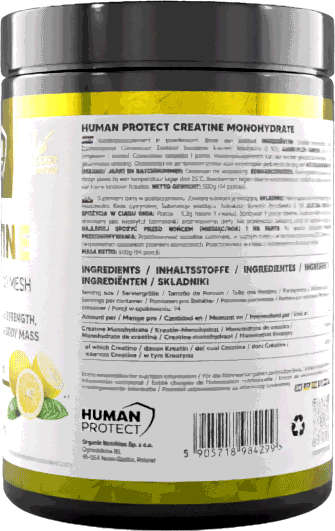Creatine Monohydrate 500 g Lemon supplement jar, close-up back label and barcode