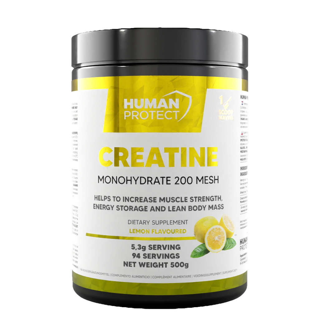 Creatine Monohydrate 500 g Lemon supplement jar, front label with lemon graphic
