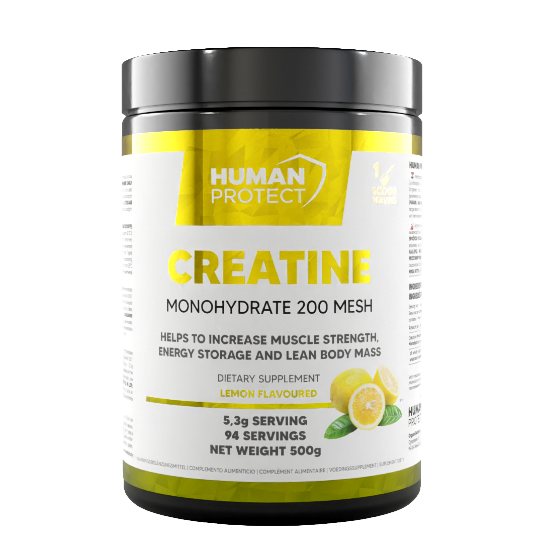 Creatine Monohydrate 500 g Lemon supplement jar, front label with lemon graphic