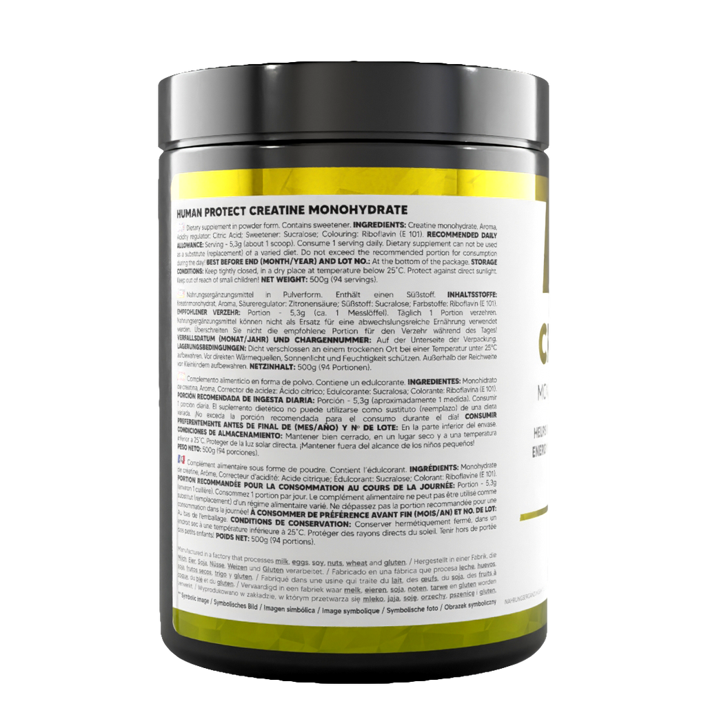 Creatine Monohydrate 500 g Lemon supplement jar, back label with directions text