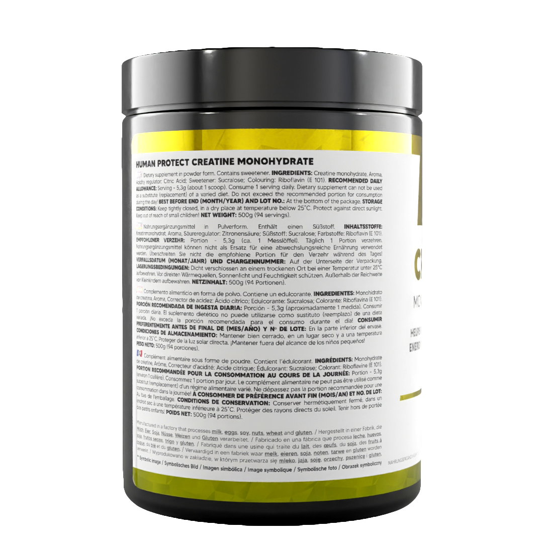Creatine Monohydrate 500 g Lemon supplement jar, back label with directions text