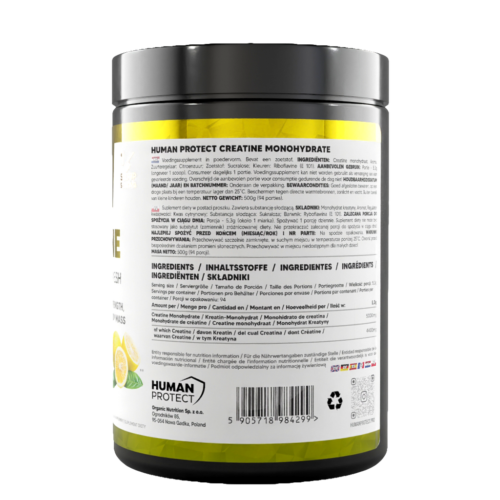 Creatine Monohydrate 500 g Lemon supplement jar, ingredients and serving details
