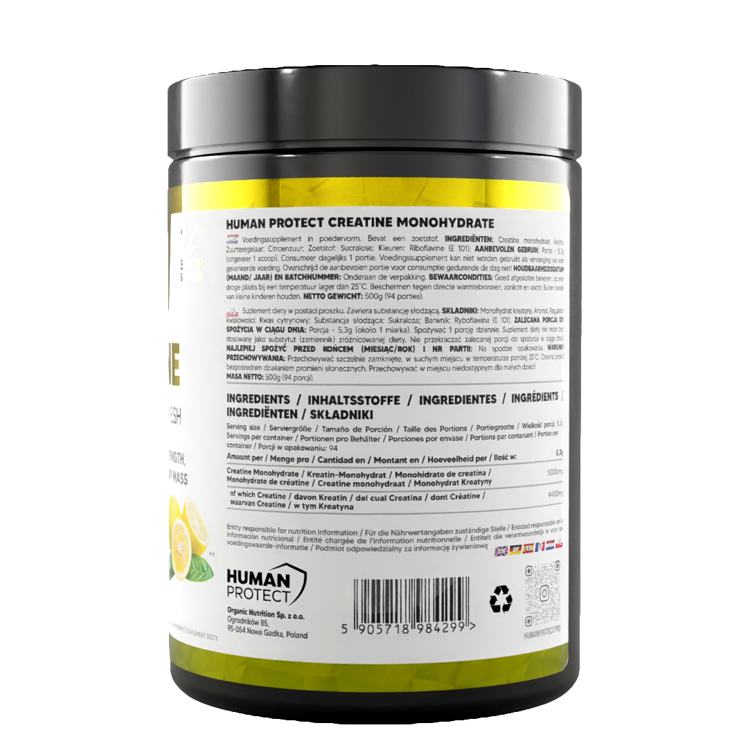 Creatine Monohydrate 500 g Lemon supplement jar, ingredients and serving details