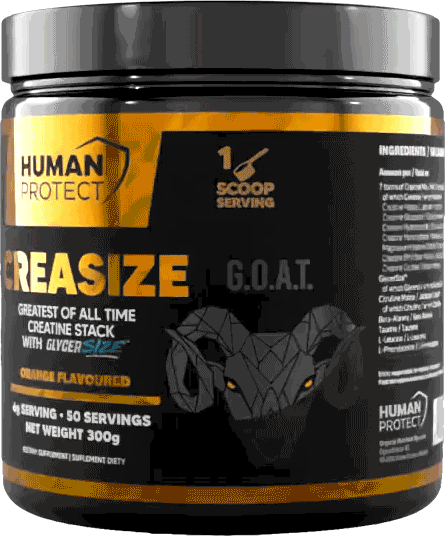 CreaSize 300g orange-flavoured supplement tub, front label