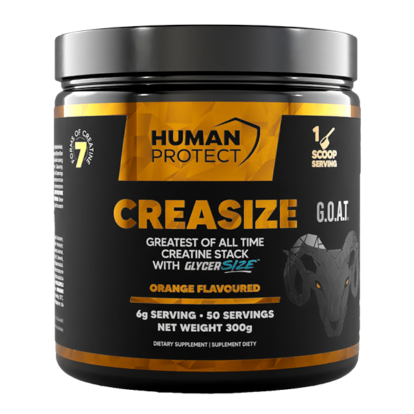CreaSize 300g Orange tub, front view with 1 scoop serving and GOAT text