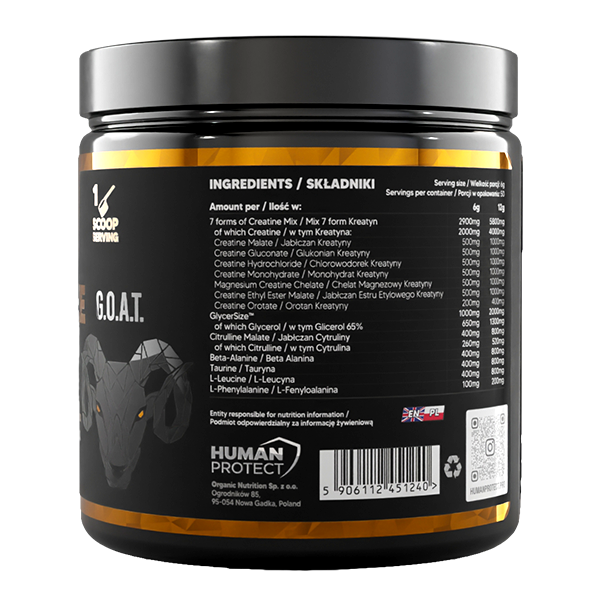 CreaSize 300g Orange tub, ingredients panel with supplement facts table