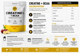 Kreatin+ BCAA Beutel mit Nährwertangaben, Kirsch-Banane, 200 g, Gold Nutrition