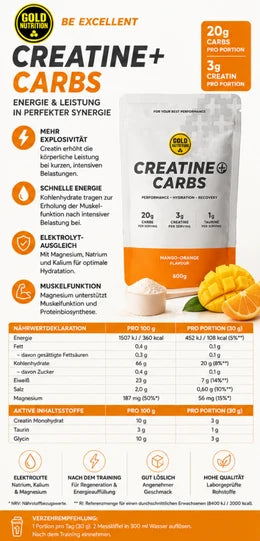 Kreatin+Carbs Pulverbeutel, Rückseite mit Nährwerttabelle und Mango-Orange 600 g