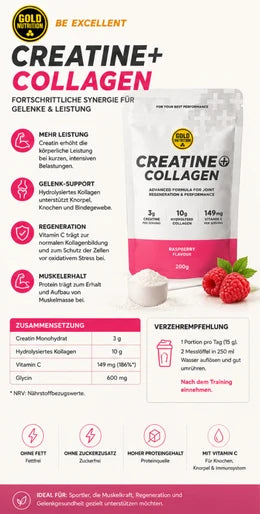 Kreatin+Kollagen Beutel Himbeere 200 g mit Nährwert- und Einnahmeinfos, Gold Nutrition