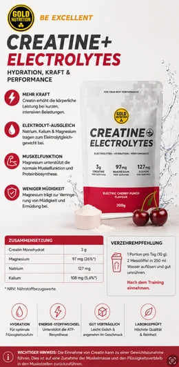 Rückseite des Kreatin-Elektrolyte Cherry-Punch Beutels mit Inhalts- und Hinweisetikett