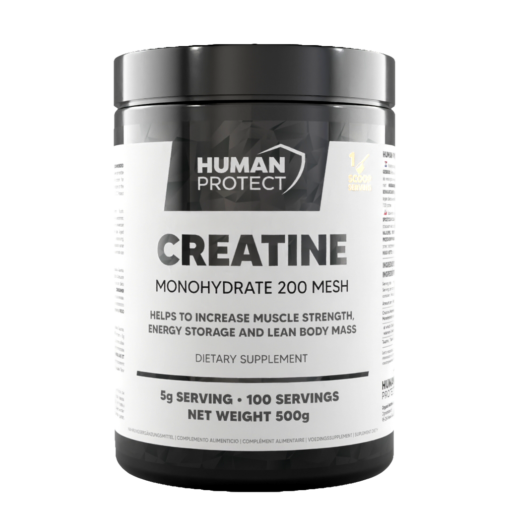 Supplement tub labeled CREATINE monohydrate 200 mesh, net weight 500 g