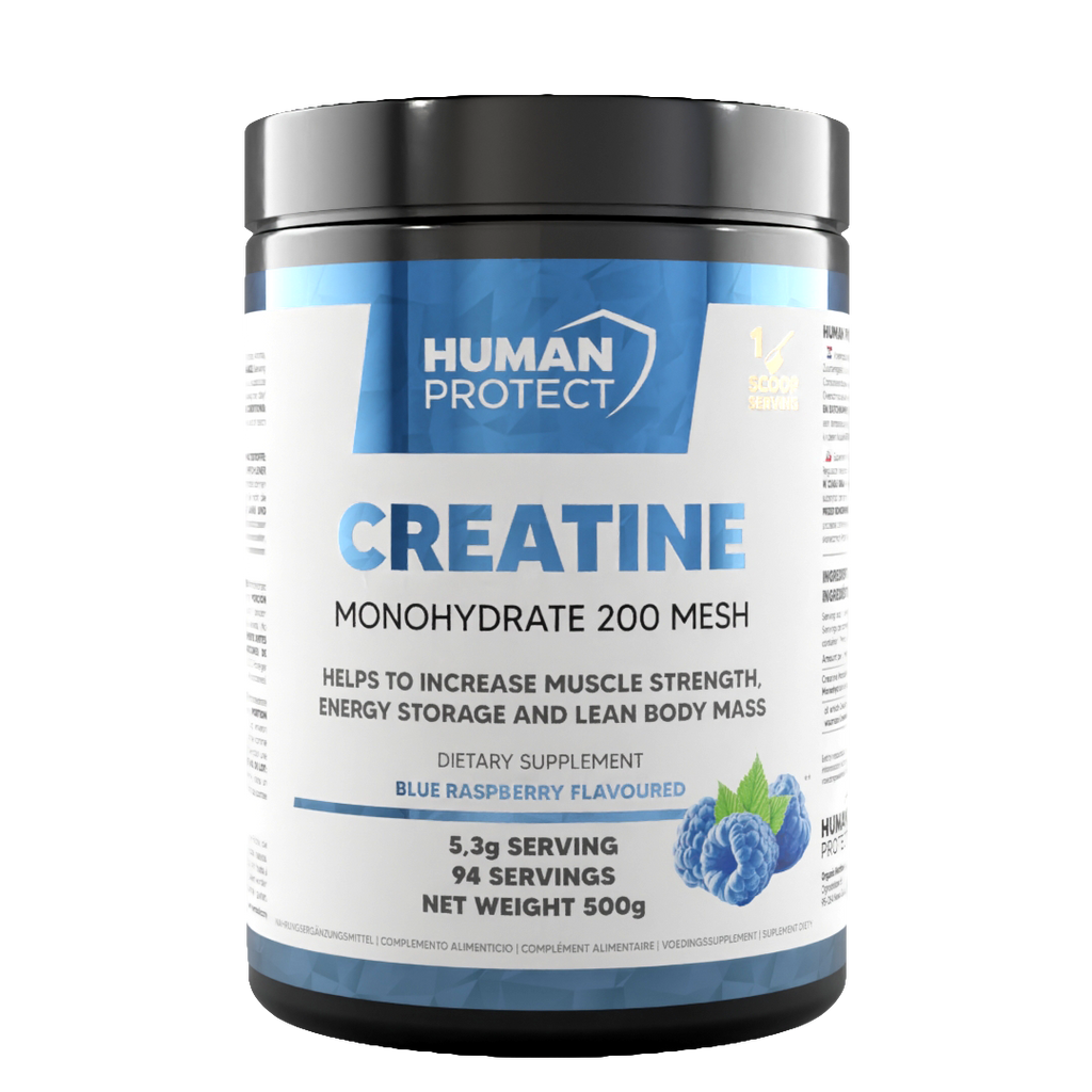 Creatine monohydrate tub, blue raspberry flavor, 500g, front label with serving info