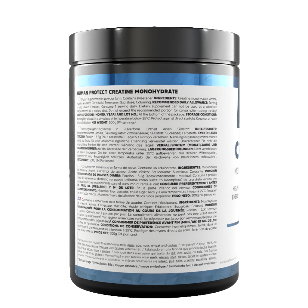 Back label on creatine monohydrate tub, blue raspberry flavor, usage details