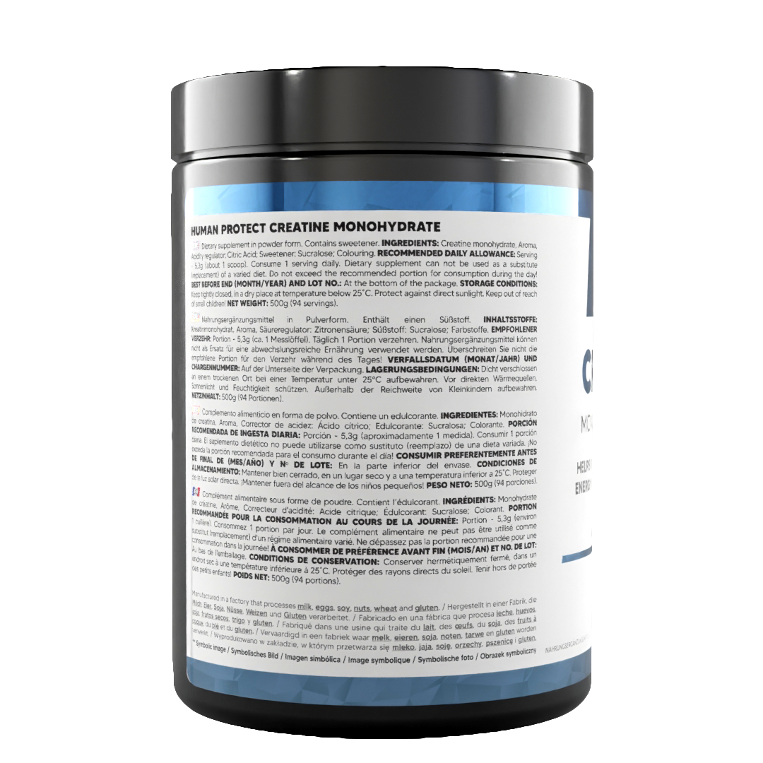 Back label on creatine monohydrate tub, blue raspberry flavor, usage details