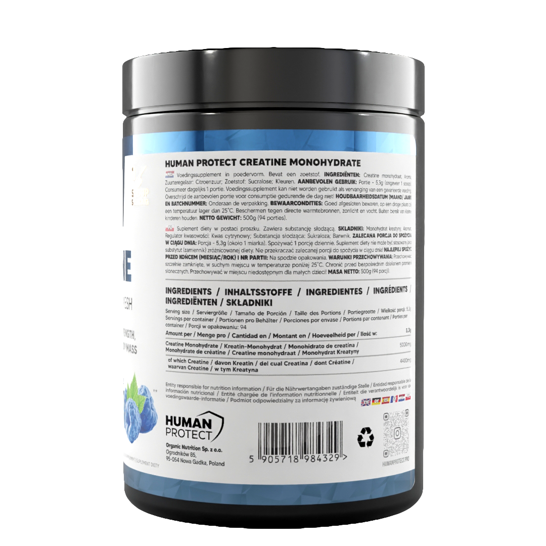 Creatine monohydrate tub label with ingredients and barcode, blue raspberry 500g