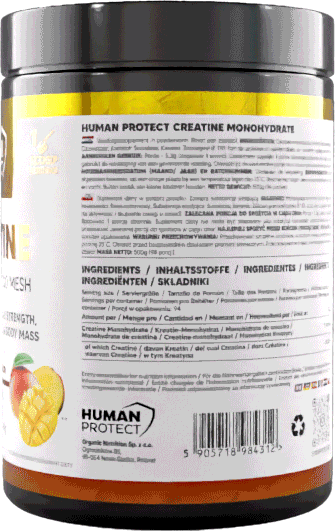 Human Protect Creatine Monohydrat 500 g Mango, Etikett mit Zutatenliste und Barcode