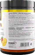 Human Protect Creatine Monohydrat 500 g Mango, Etikett mit Zutatenliste und Barcode