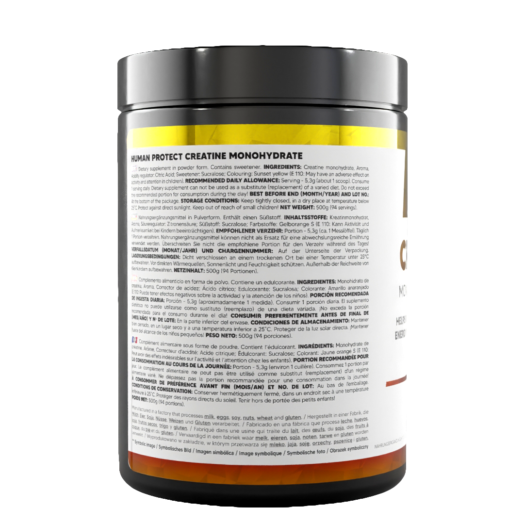 Creatine Monohydrat 500 g Mango, Rückseite mit Einnahmehinweisen und Lagerung