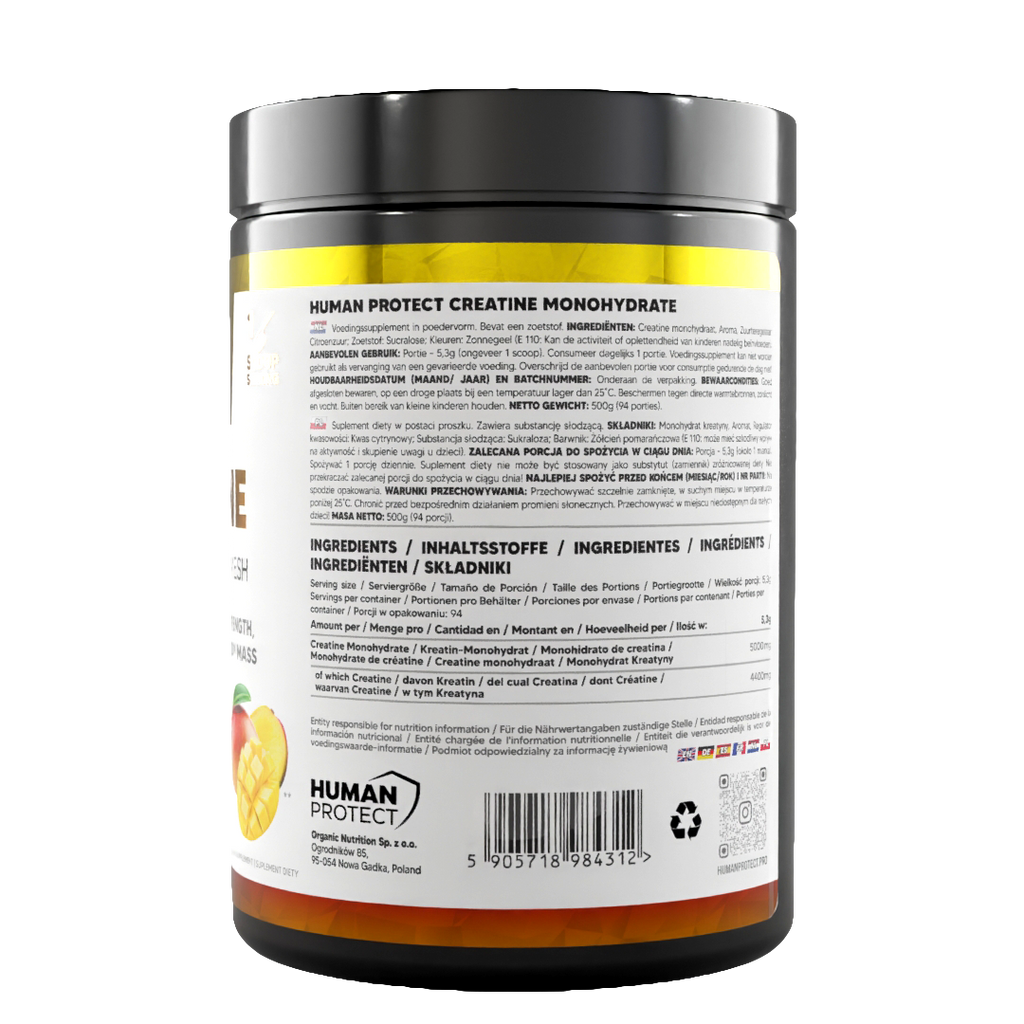 Creatine Monohydrat 500 g Mango, Zutatenliste und Barcode auf der Rückseite