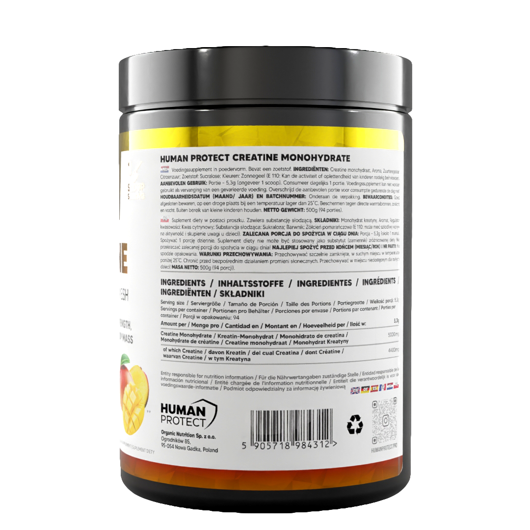 Creatine Monohydrat 500 g Mango, Zutatenliste und Barcode auf der Rückseite