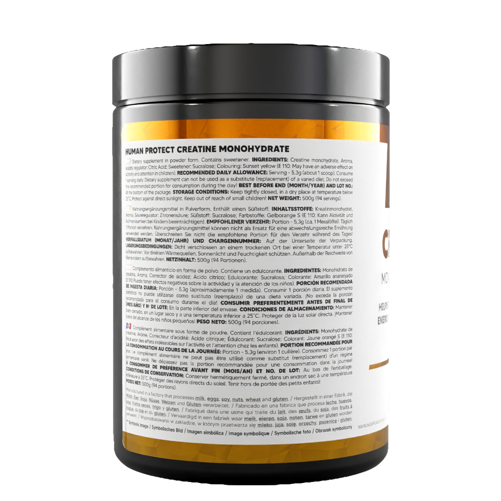 Creatine Monohydrate Dose Rückansicht mit Dosierungshinweisen und Zutatenliste