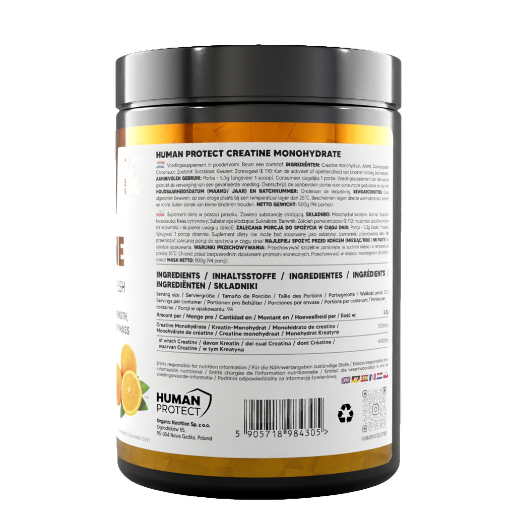 Creatine Monohydrate 500g Etikett Rückseite mit Barcode und Zutatenübersicht