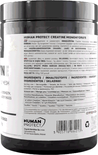 Creatin-Monohydrat-Dose mit Etikett zu Inhaltsstoffen und Herstellerangaben