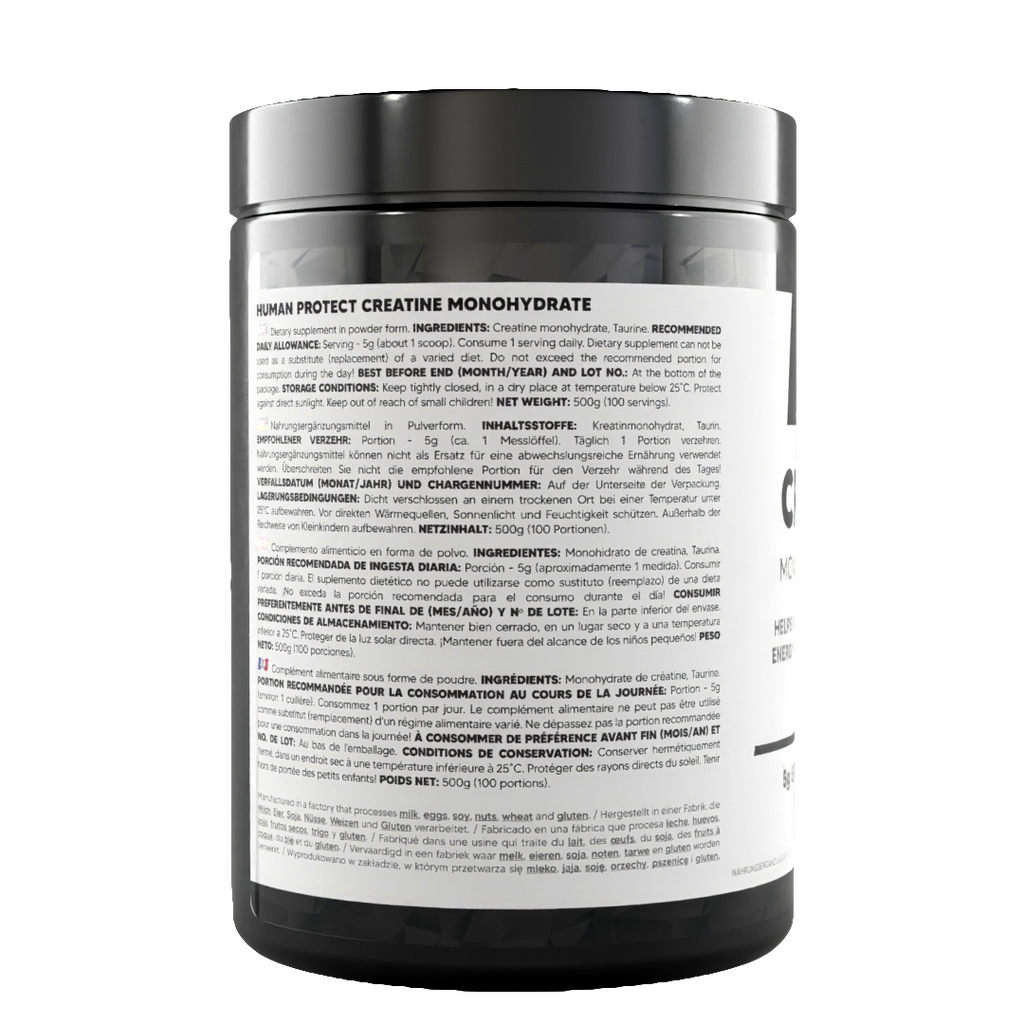 Creatine monohydrate 500g jar back label with directions and ingredients