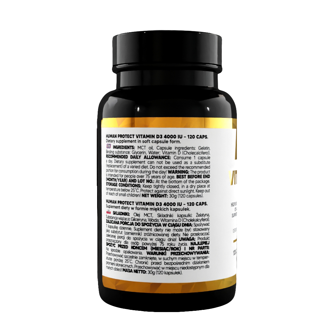 Vitamin D3 4000 IU Kapseln Flasche, Rückseitenetikett mit Anwendungshinweisen