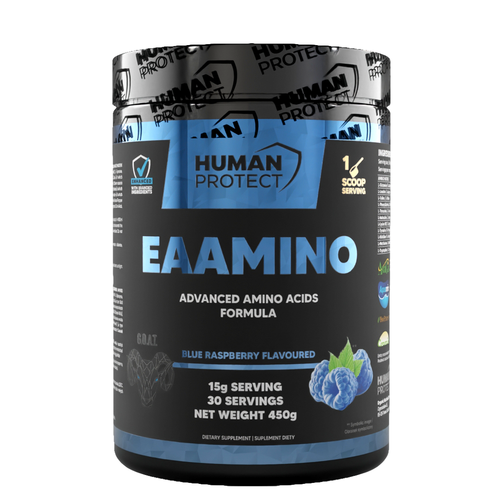 EAAMINO 450g Blue Raspberry tub, front label with 1 scoop serving info