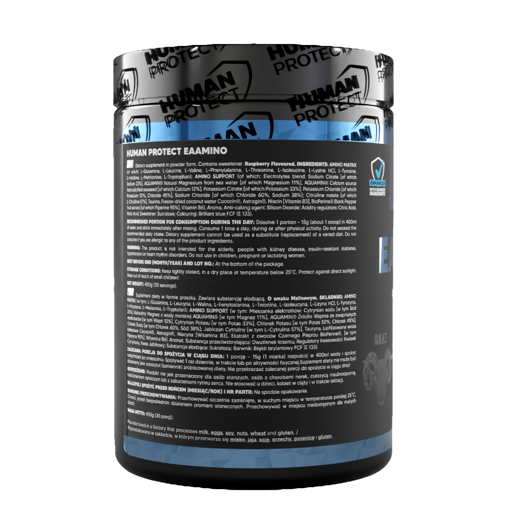 EAAMINO 450g Blue Raspberry tub back label with directions and serving guidance