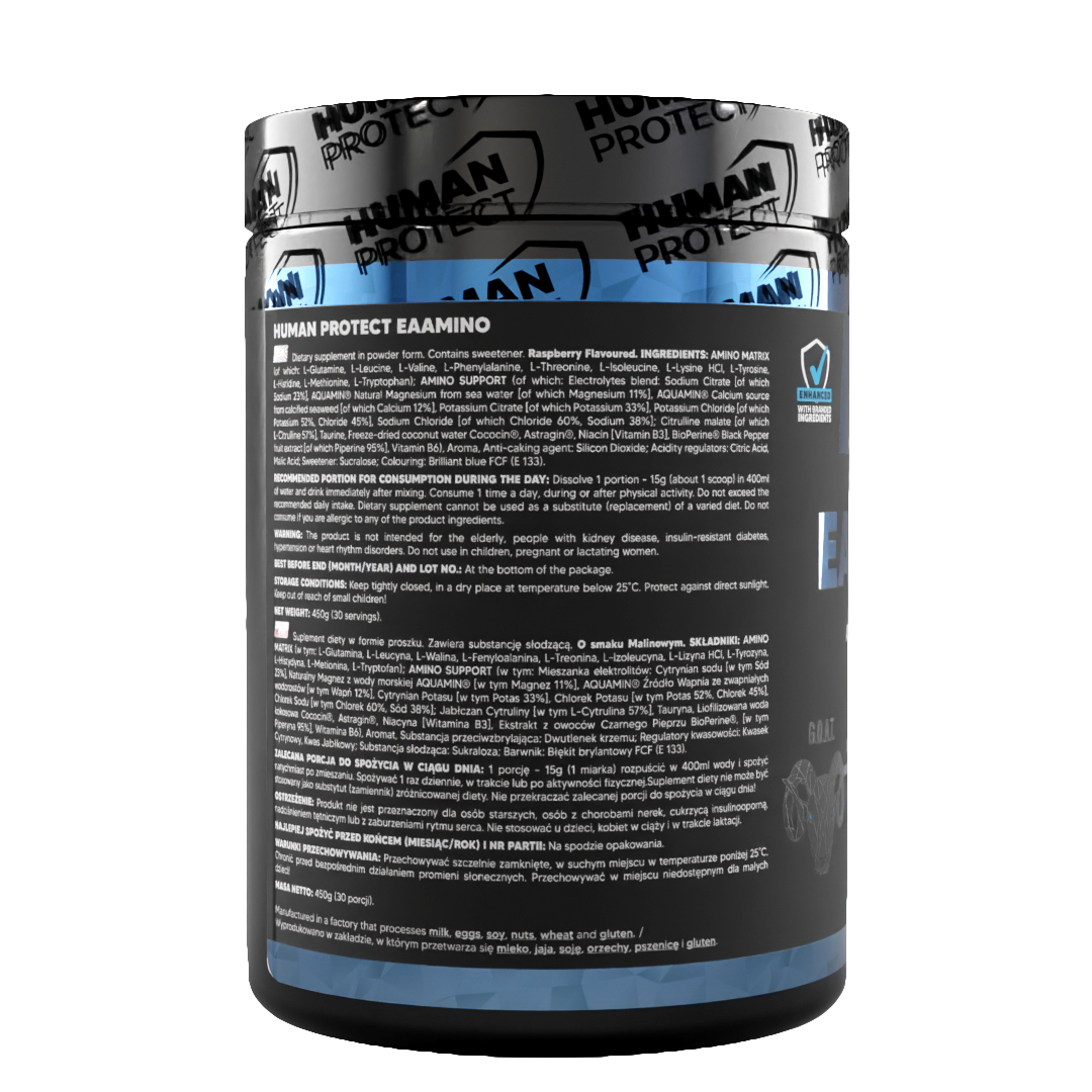 EAAMINO 450g Blue Raspberry tub back label with directions and serving guidance