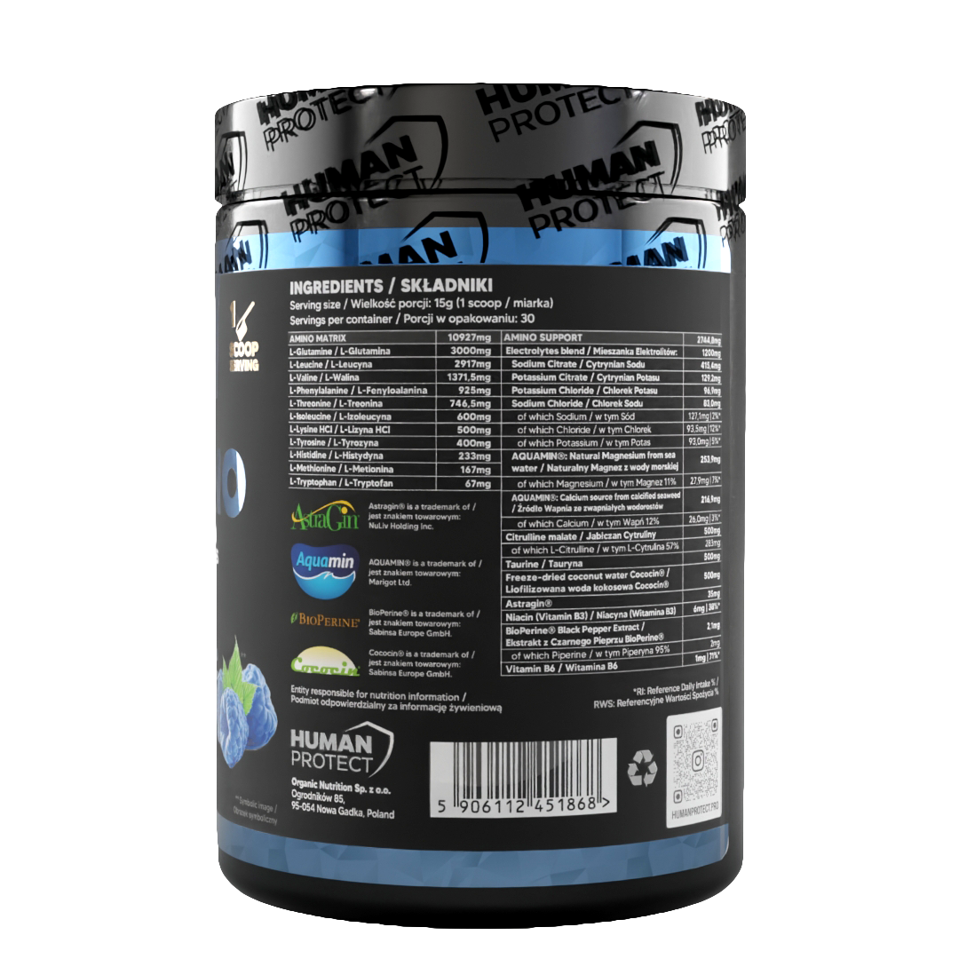 EAAMINO 450g Blue Raspberry tub back label with ingredients list and nutrition table