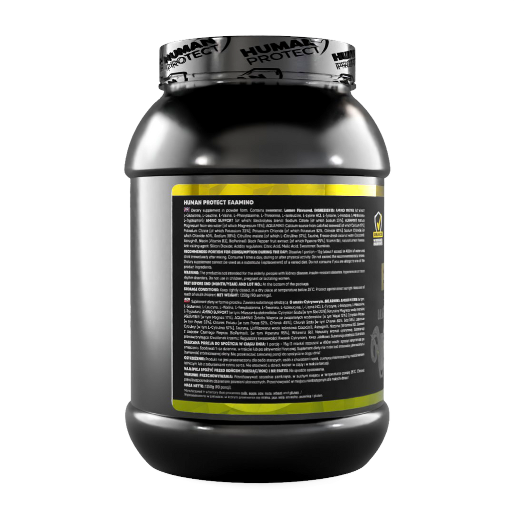 EAAMINO Lemon supplement tub, back label with ingredient information